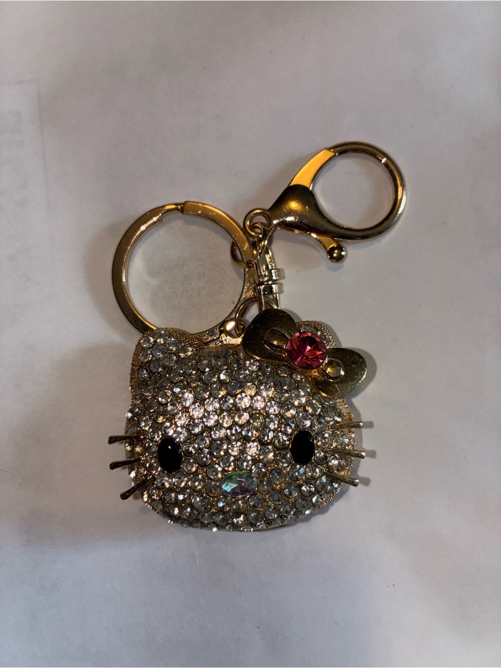 Sparkling Cat Face Keychain with Bow - Gold & Clear Rhinestones